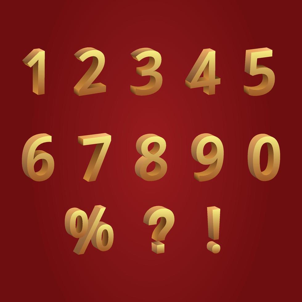 Golden numbers and symbols 3D illustrations set. From zero to nine, percent symbols. Shopping sale, discount offer decorative design elements. Vector on red background