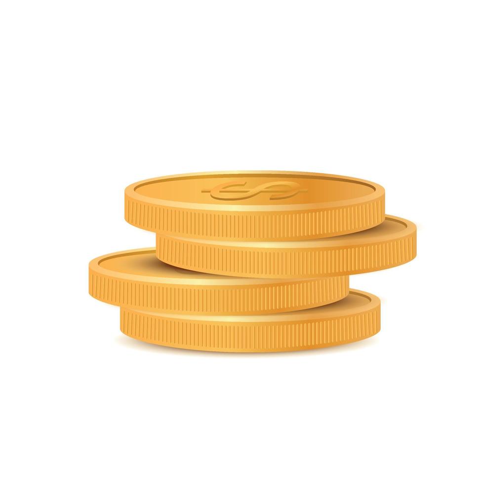 Coins pile. Golden coin dollar stack, jackpot coins, gold treasure prize, realistic 3D vector illustration. Gold money heap, gambling.