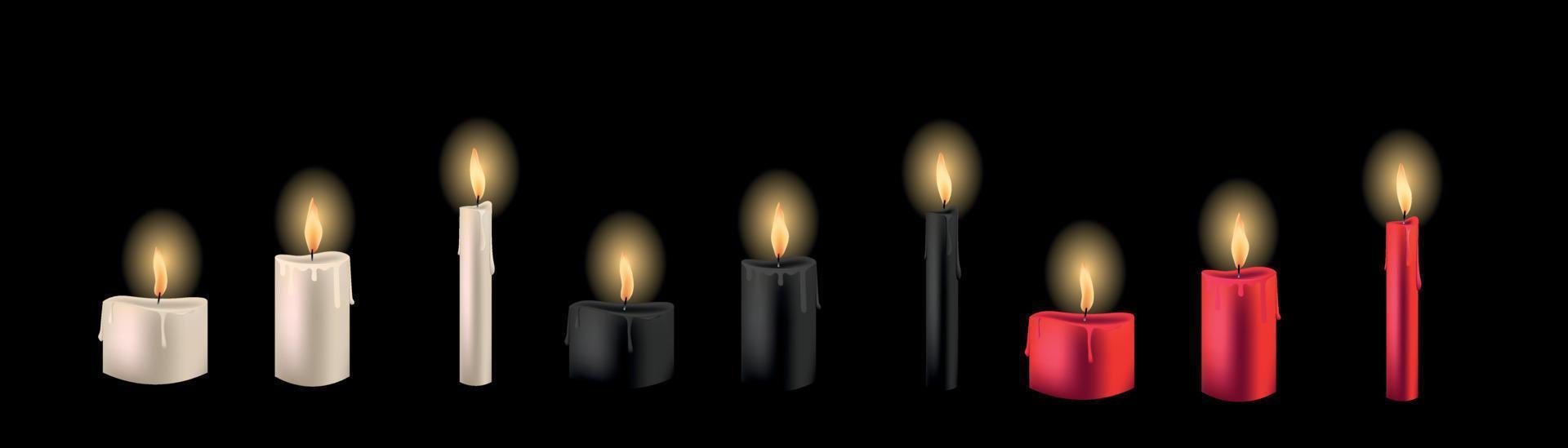 Vector realistic candle set with fire on dark background. Color candles collection with flame for halloween, magic, mystique, romantic. Burning candlelight