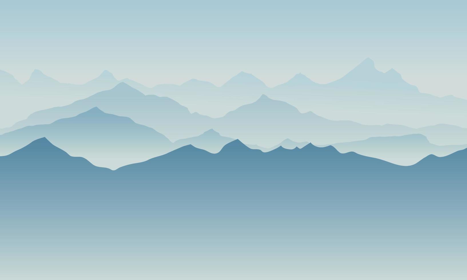 hermoso paisaje de silueta de montaña azul con niebla y amanecer y atardecer en el fondo de las montañas. concepto de senderismo y actividades al aire libre. vector. bueno para papel tapiz, banner del sitio, portada, afiche vector