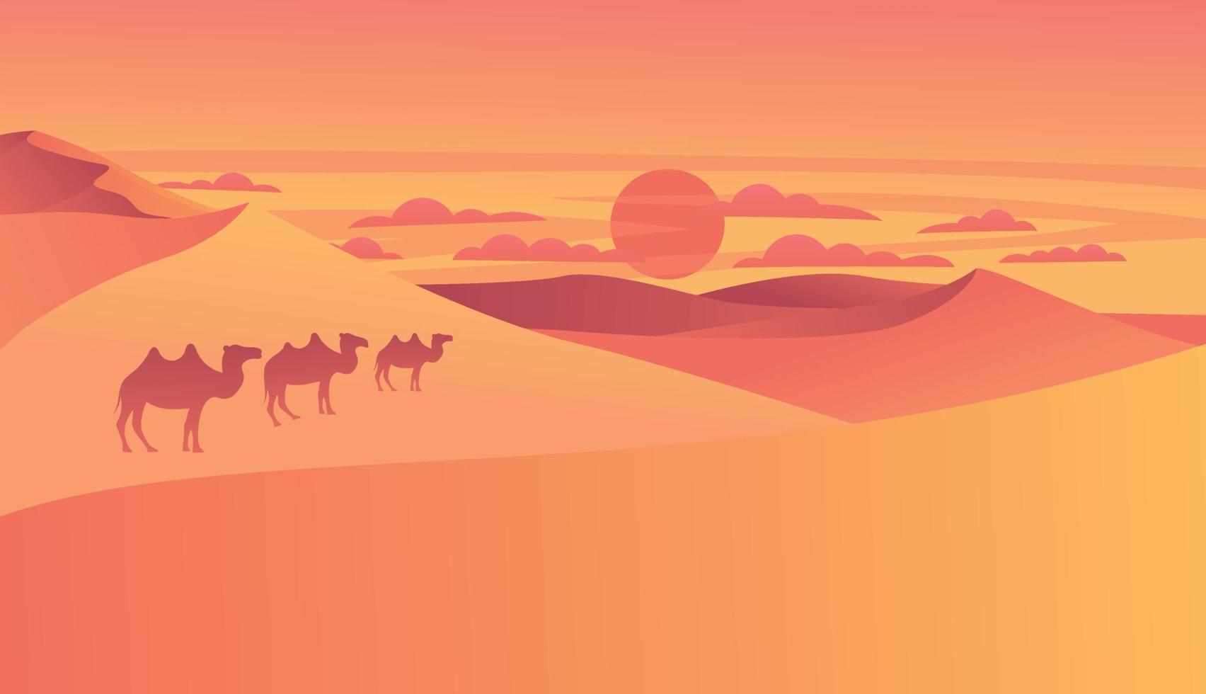 paisaje desértico con dunas de arena dorada por la mañana o por la noche con camellos a pie. fondo de naturaleza africana desierta seca y caliente con escena de colinas arenosas, ilustración vectorial de dibujos animados vector
