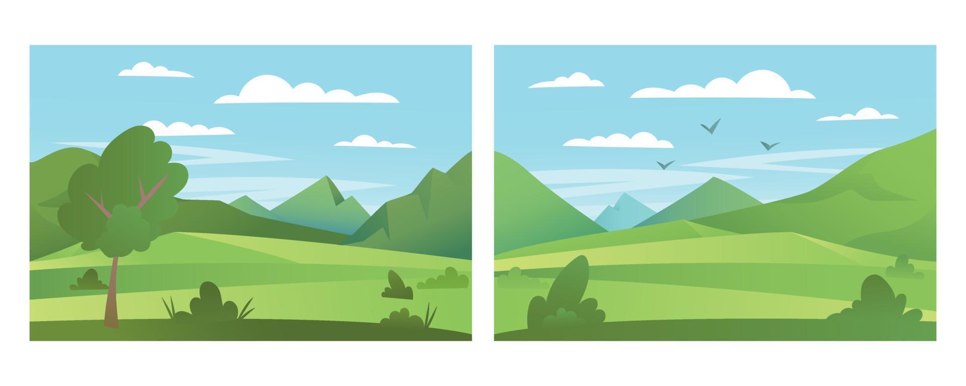 Set of cartoon flat panorama of spring summer beautiful nature, green grasslands meadow with mountains on horizon background, summer mountain landscape, dawn over the valley. Vector illustration