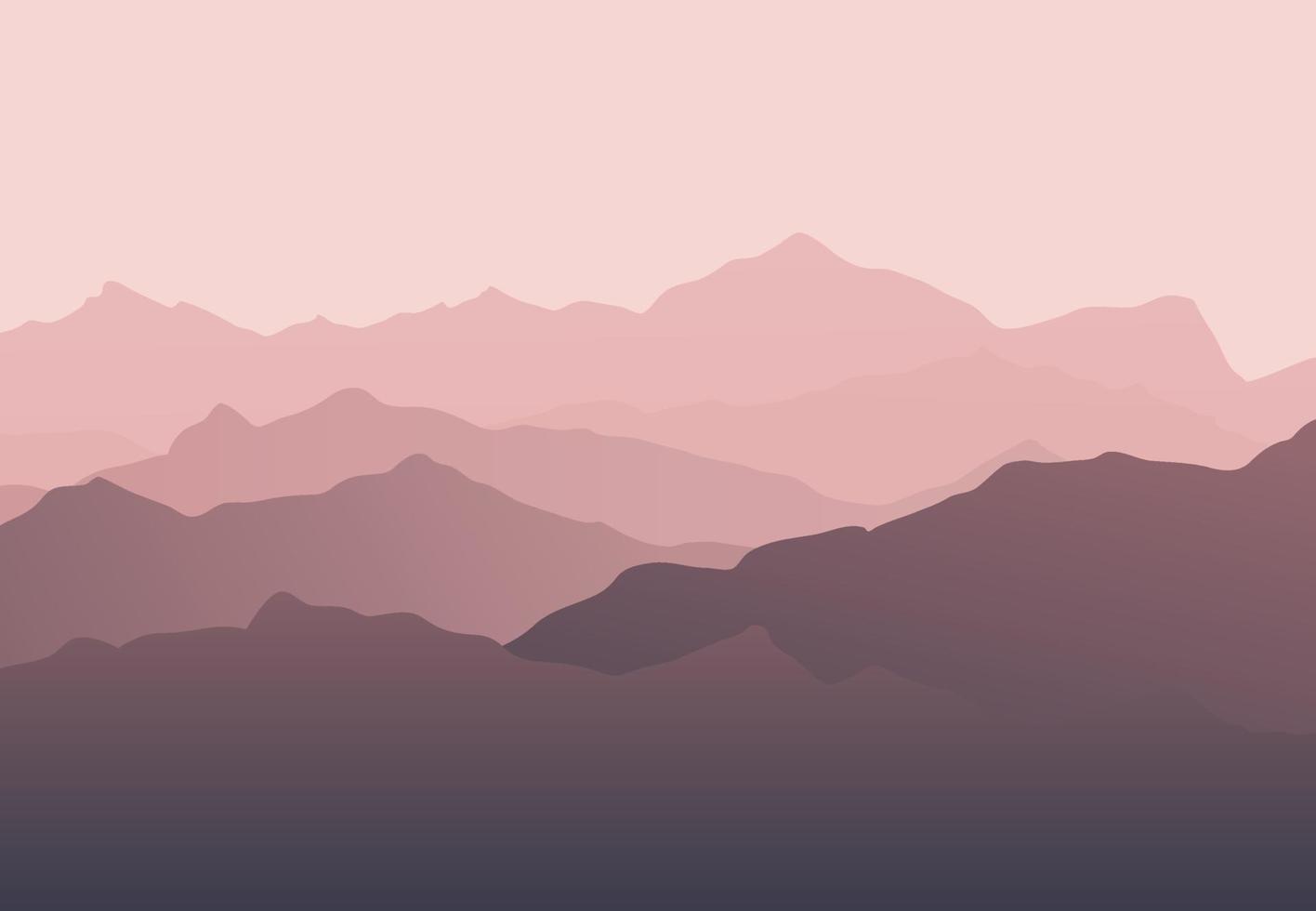 hermoso paisaje de silueta de montaña rosa con niebla y amanecer y atardecer en el fondo de las montañas. concepto de senderismo y actividades al aire libre. vector. bueno para papel tapiz, banner del sitio, portada, afiche vector