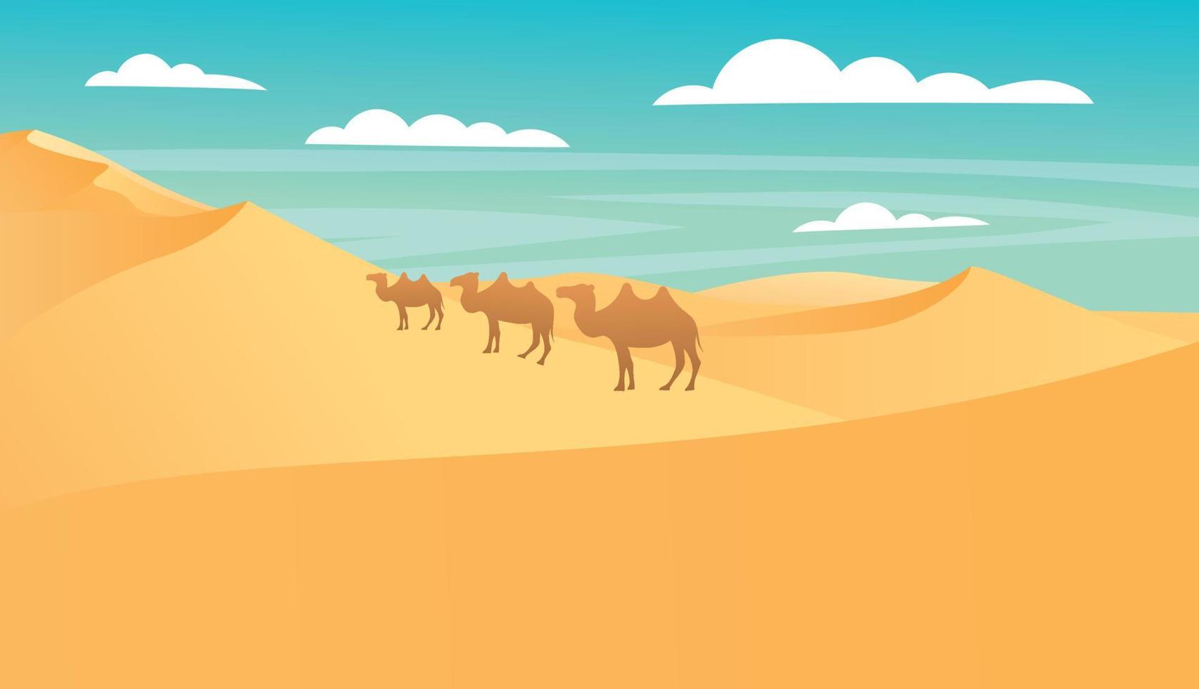 Landscape of desert with golden sand dunes under blue cloudy sky with walking camels. Hot dry deserted african nature background with yellow sandy hills parallax scene, Cartoon vector illustration