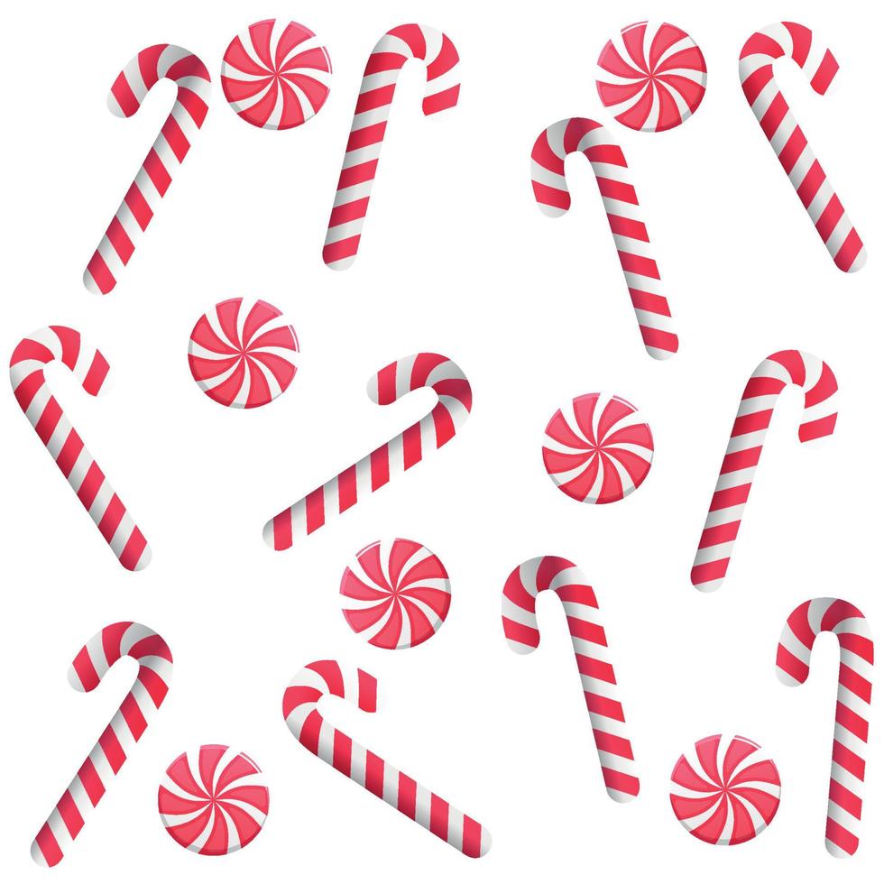 Christmas seamless pattern on white with candy canes and caramel. Sweet lollipop for winter holiday. Vector blue background for wrapping paper, fabric print, greeting cards design.