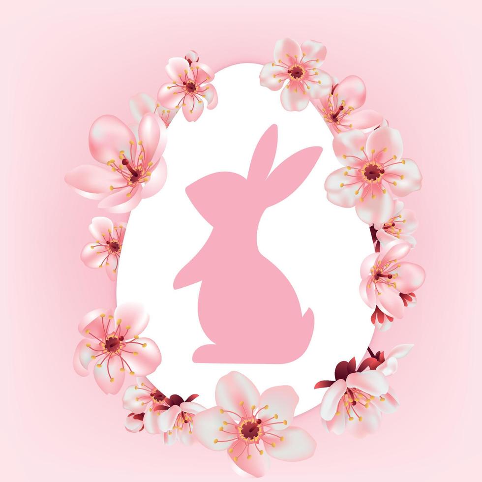 Happy Easter, decorated easter white card, banner. Bunnies, easter eggs, spring pink flowers. Vector illustration.