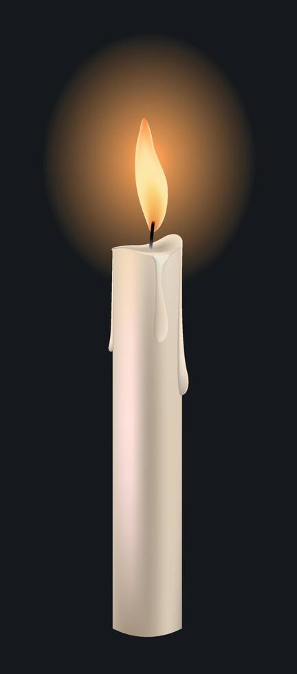 parafina blanca vectorial realista o vela ardiente de cera con llama, gotas de cera derretida, sobre fondo oscuro. vector