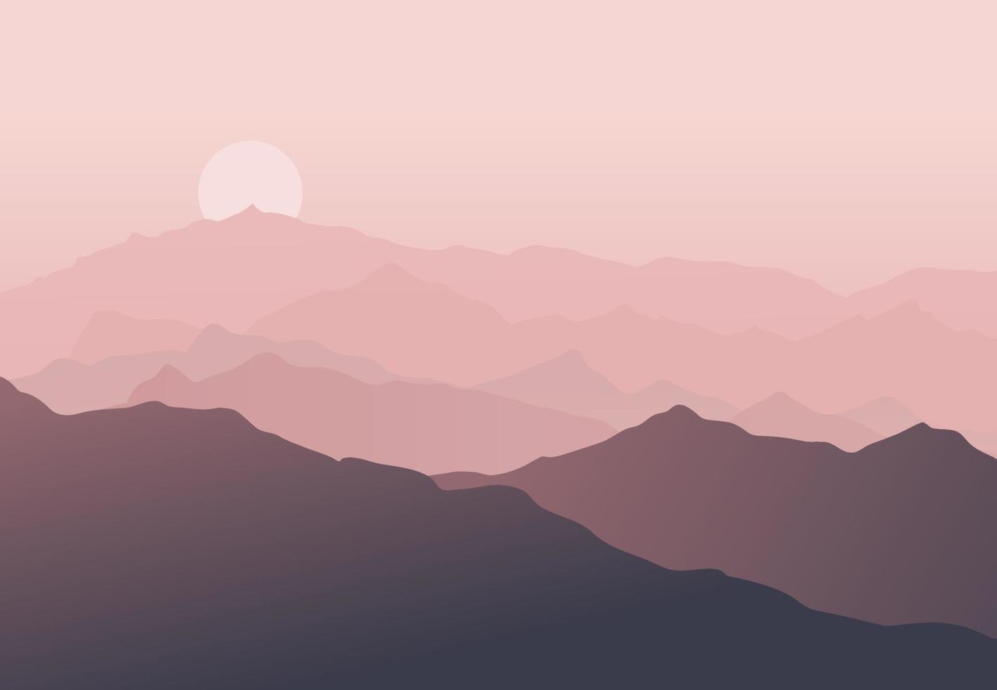 hermosa silueta de paisaje de montaña azul con niebla y amanecer y atardecer en el fondo de las montañas. concepto de senderismo y actividades al aire libre. sol en el cielo. vector. bueno para papel tapiz, banner del sitio, portada, afiche vector