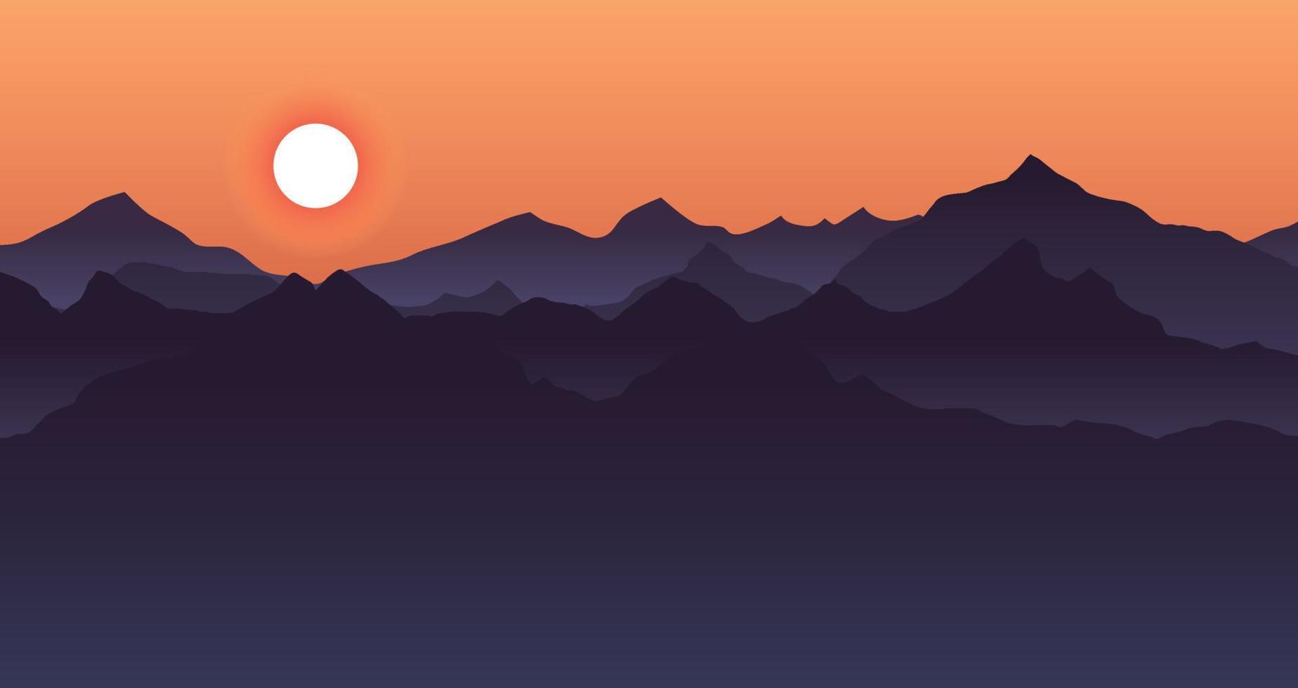 hermoso paisaje de montaña azul con amanecer y atardecer en el fondo de las montañas. oscuridad, noche. concepto de senderismo y actividades al aire libre. sol en el cielo. vector. bueno para papel tapiz, banner del sitio, portada, afiche vector