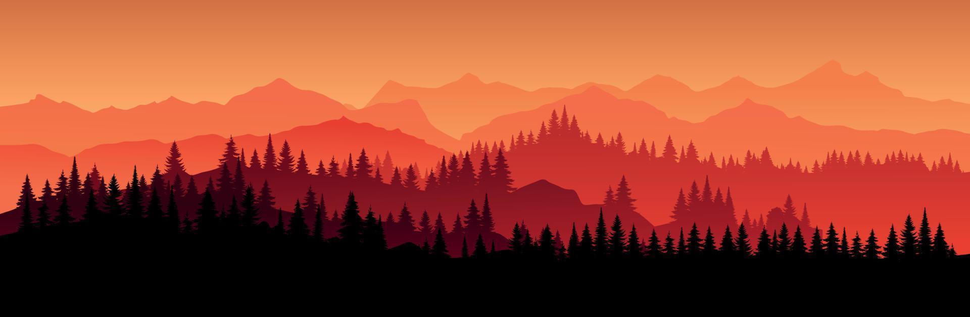 Vector red horizontal landscape with fog, forest Christmas Tree, spruce, fir, and morning sunlight. Illustration of panoramic view silhouette, mist and silhouettes mountains. Fire in the woods.