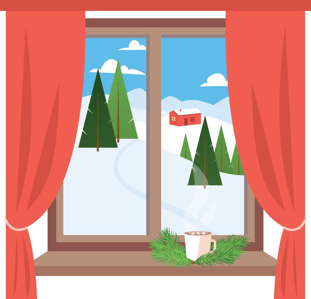 Vacation on Christmas holidays in the mountains inside the warm house with the cup of hot chocolate, looking through the window. Winter landscape snow and trees. Vector illustration.