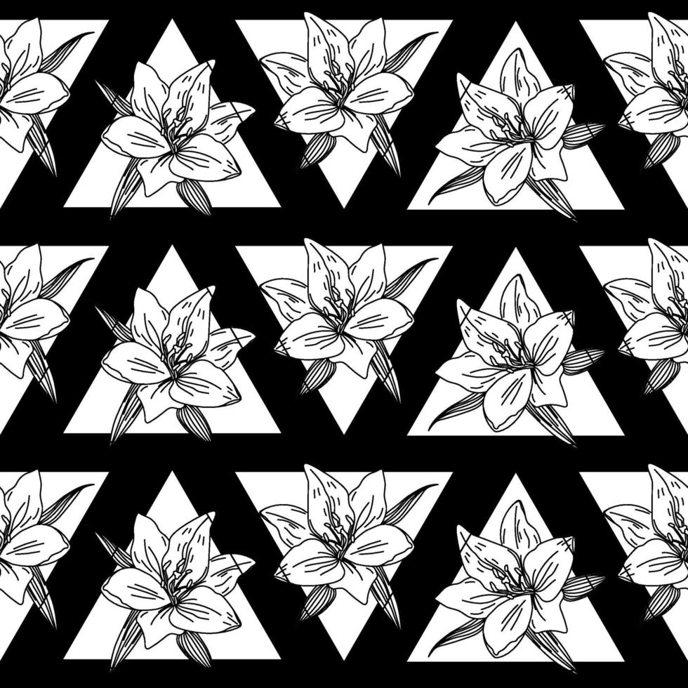 Vintage abstract pattern of lily flower with geometry on black background for fabric design. Simple vector graphic pattern, modern. Vector fabric seamless pattern.