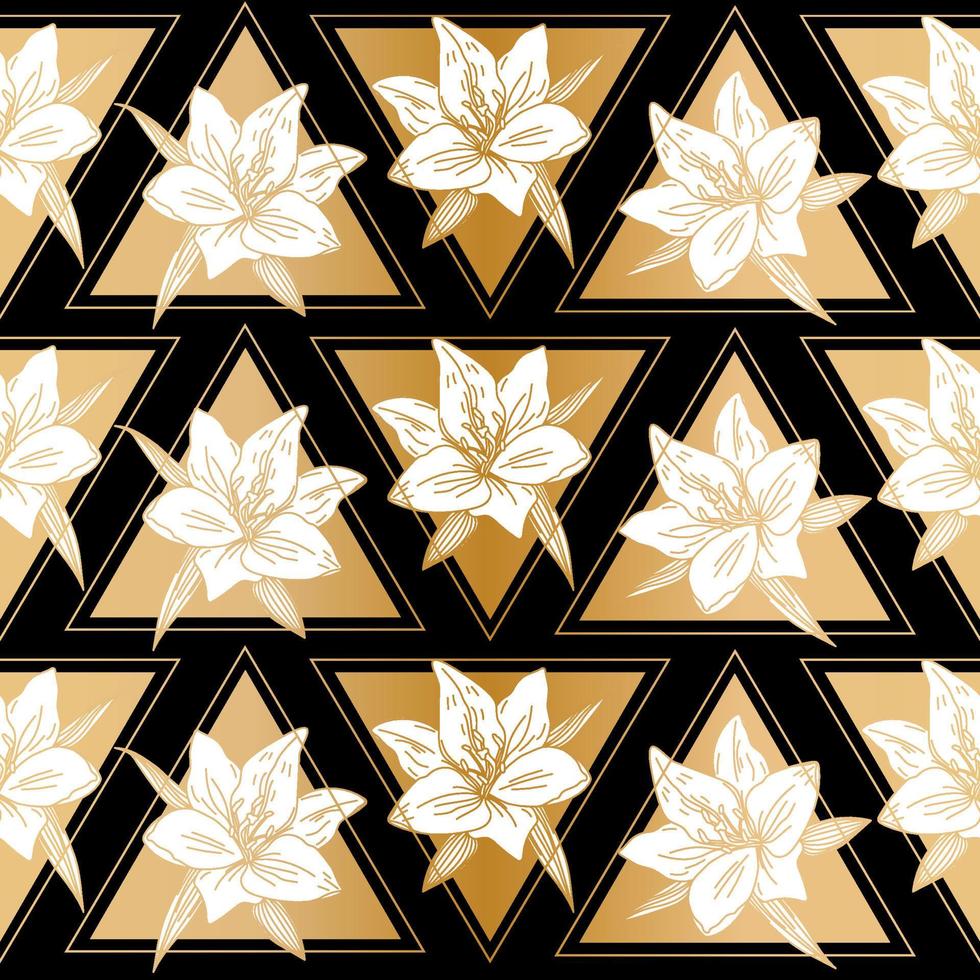 flor de lirio en forma de triángulo. hermosa invitación de arte de línea con lujo dorado para diseño decorativo. diseño antiguo y retro. fondo elegante abstracto. patrón geométrico abstracto sin fisuras vector