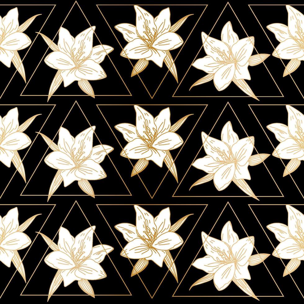 flor de lirio en forma de triángulo. hermosa invitación de arte de línea con lujo dorado para diseño decorativo. diseño antiguo y retro. patrón geométrico abstracto sin fisuras. fondo elegante abstracto. vector