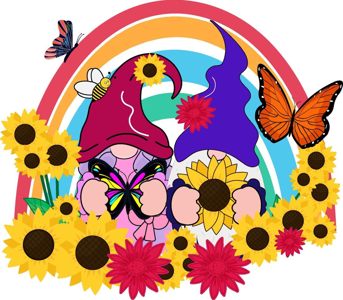 Gnomes Sunflower and Rainbow vector