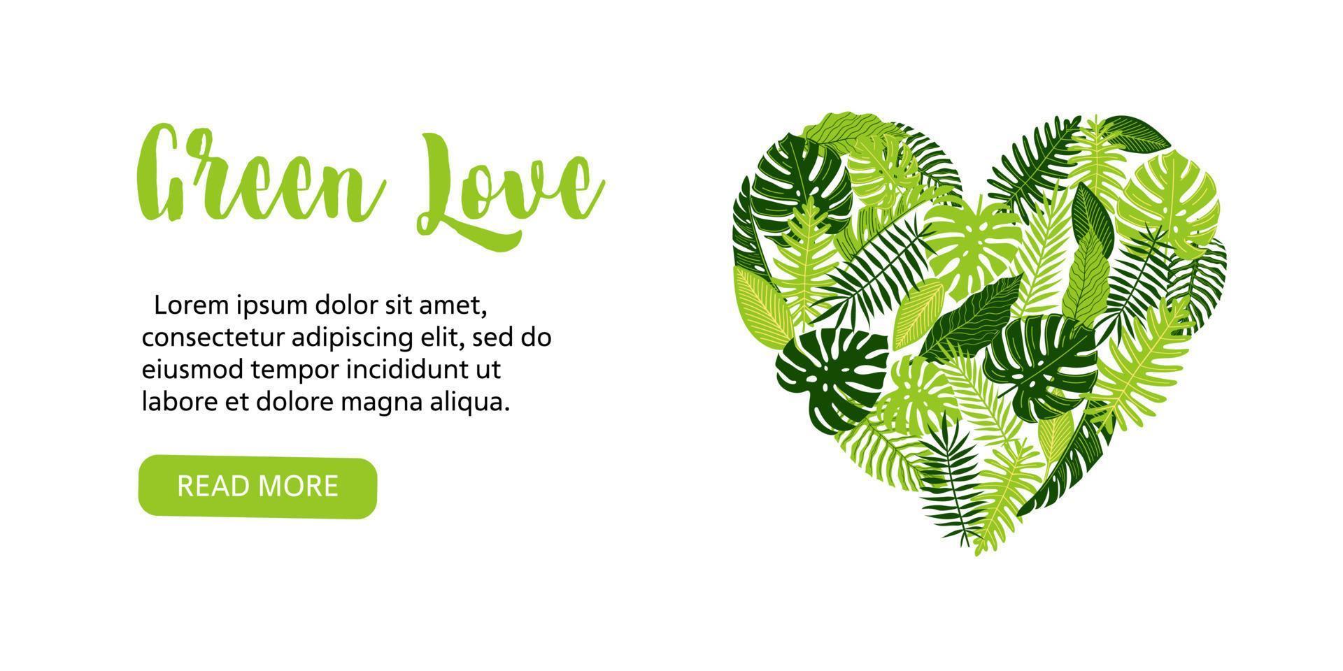 Web banner, flyer with heart-shaped tropical monstera leaves, fern, palm, banana.  Vector botanical illustration, Go green design, save the planet concept