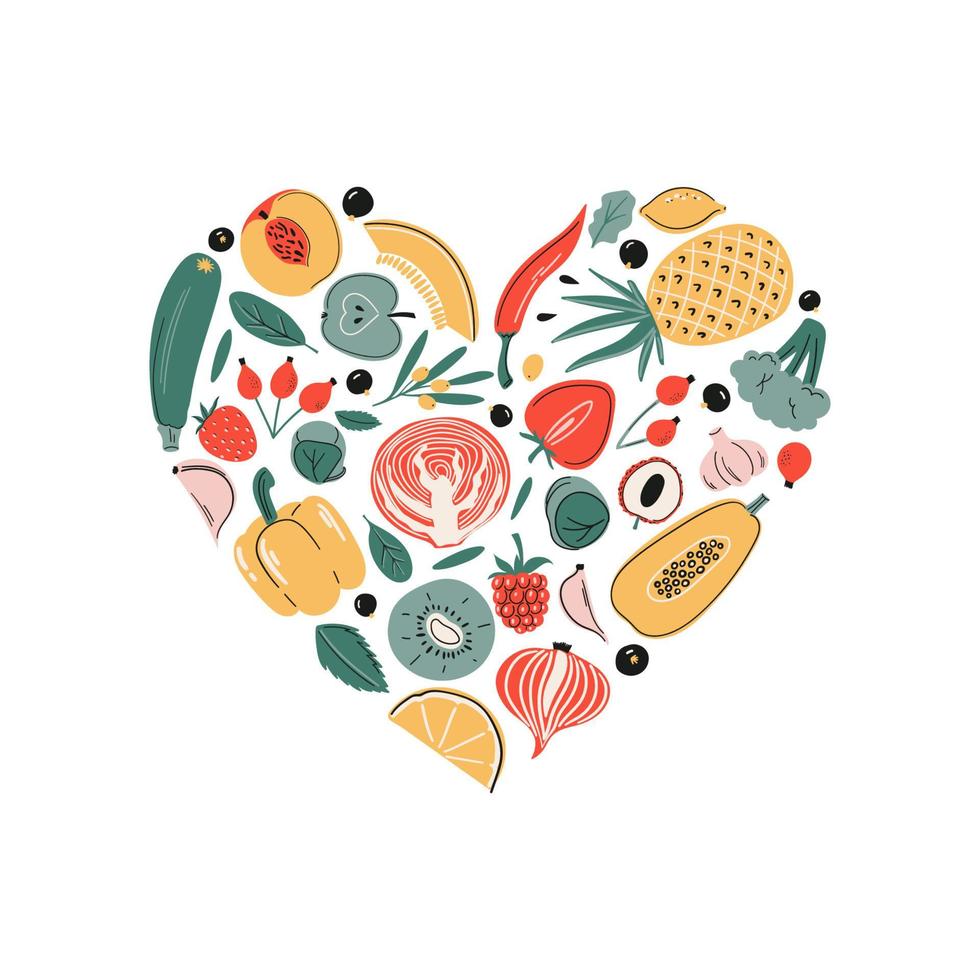 Vector vitamin C ascorbic acid sources set. Fruits, vegetables and berries collection. Heart shaped Healthy food, dietetics products, organic. Cartoon flat illustration