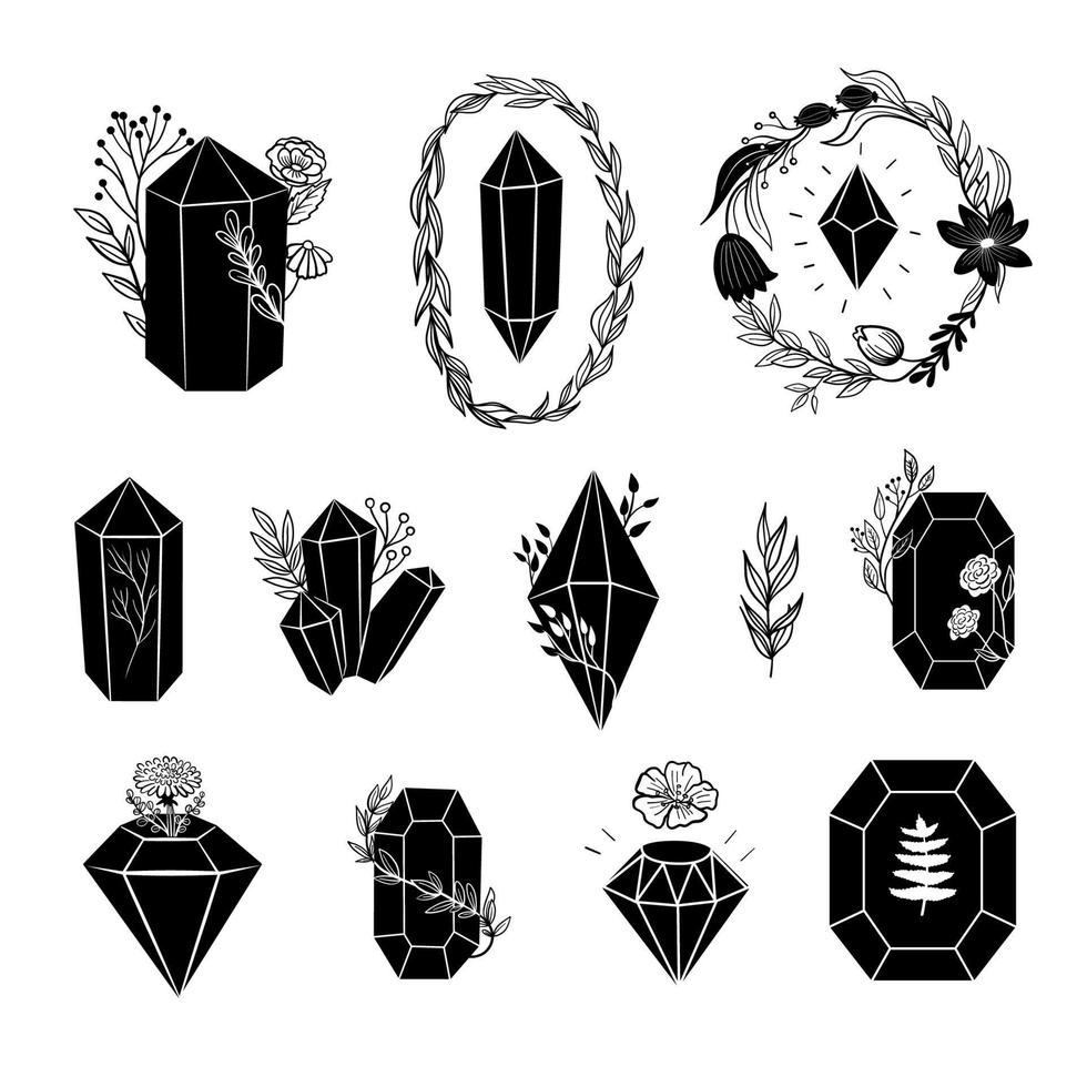 Black crystals, Gems, diamonds set with hand drawn plants and flowers. Vector collection with minerals, gemstones, line art illustration