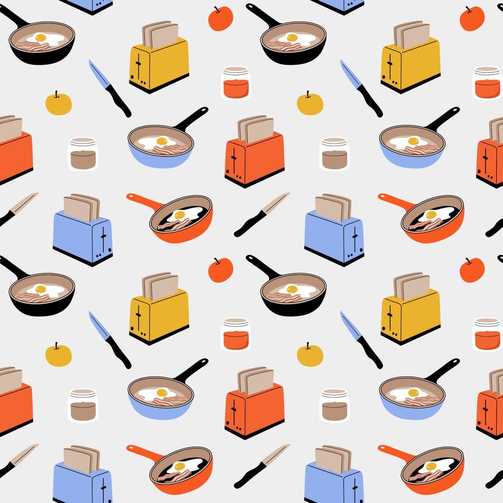 Vector seamless pattern with kitchen tools. Toaster with slices of bread, apple, jam jar, knife, a frying pan with eggs and bacon. Concept of breakfast. Cartoon flat illustration