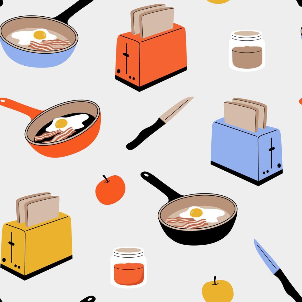 Vector seamless pattern with kitchen tools. Toaster with slices of bread, apple, jam jar, knife, a frying pan with eggs and bacon. Concept of breakfast. Cartoon flat illustration