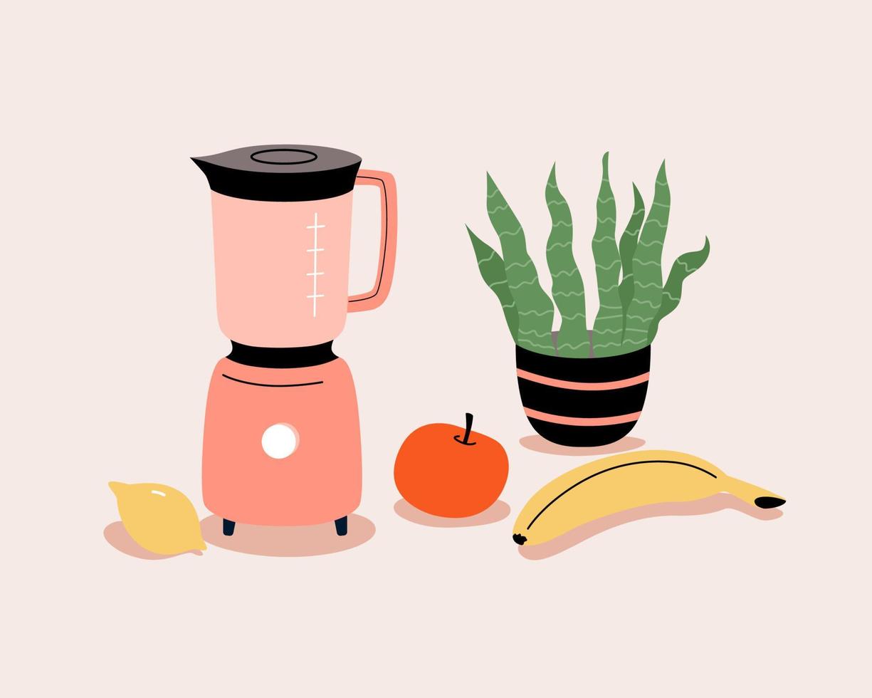 Vector blender and fruits for smoothie. Kitchen poster, print . Cartoon flat illustration