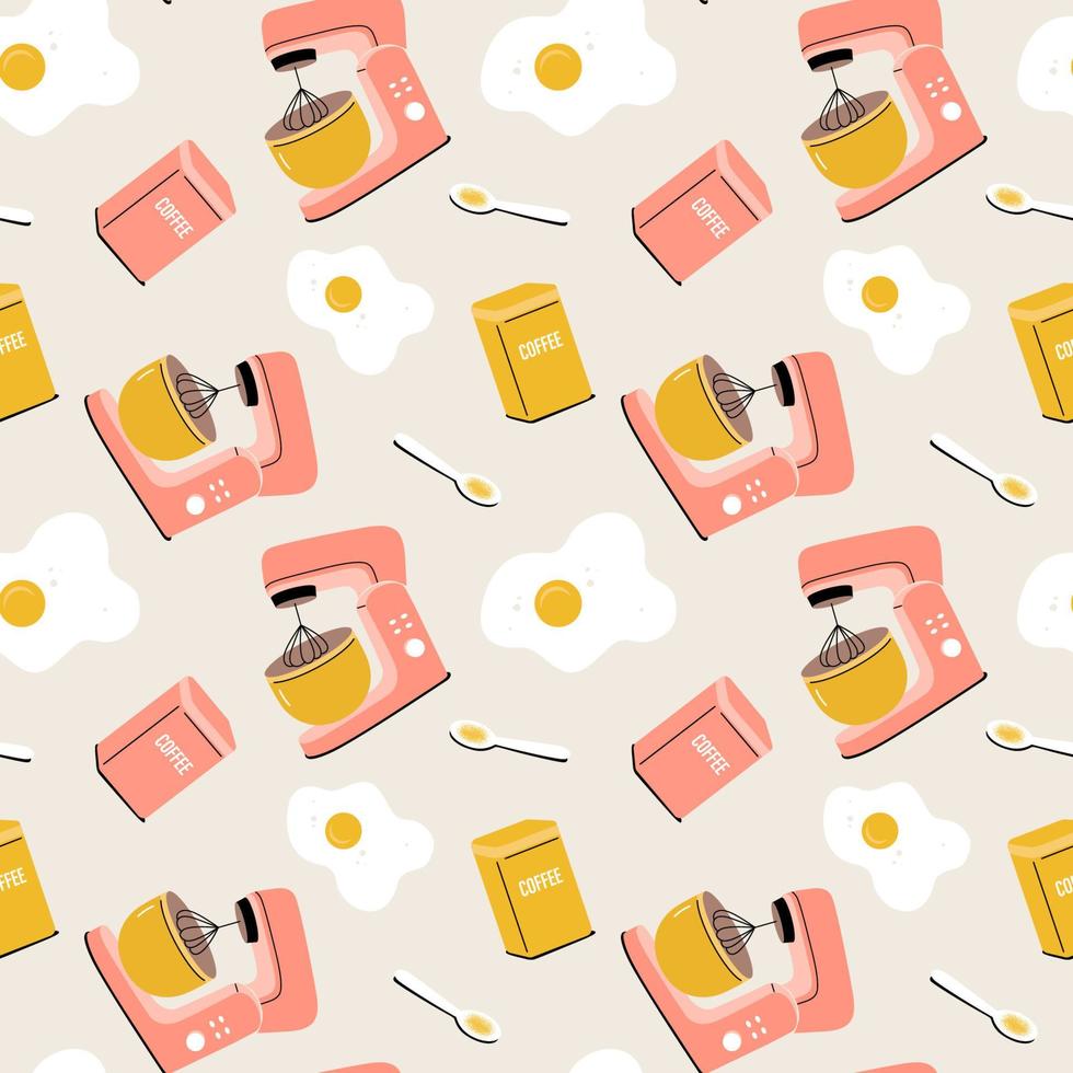 Vector seamless pattern with planetary mixer, eggs, can of coffee and spoon.  Kitchen tools, utensils, kitchenware.  Cartoon flat illustration for fabric, textile, wrapping paper, wallpaper