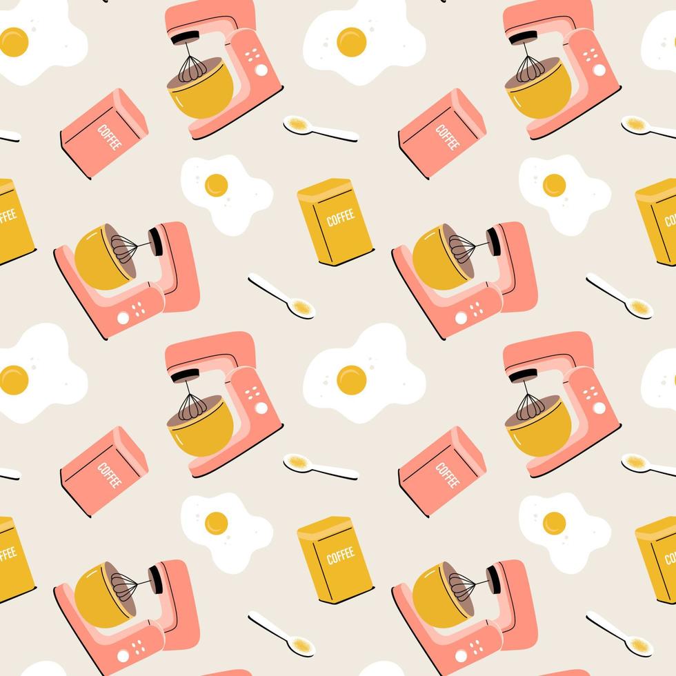 Vector seamless pattern with planetary mixer, eggs, can of coffee and spoon.  Kitchen tools, utensils, kitchenware.  Cartoon flat illustration for fabric, textile, wrapping paper, wallpaper