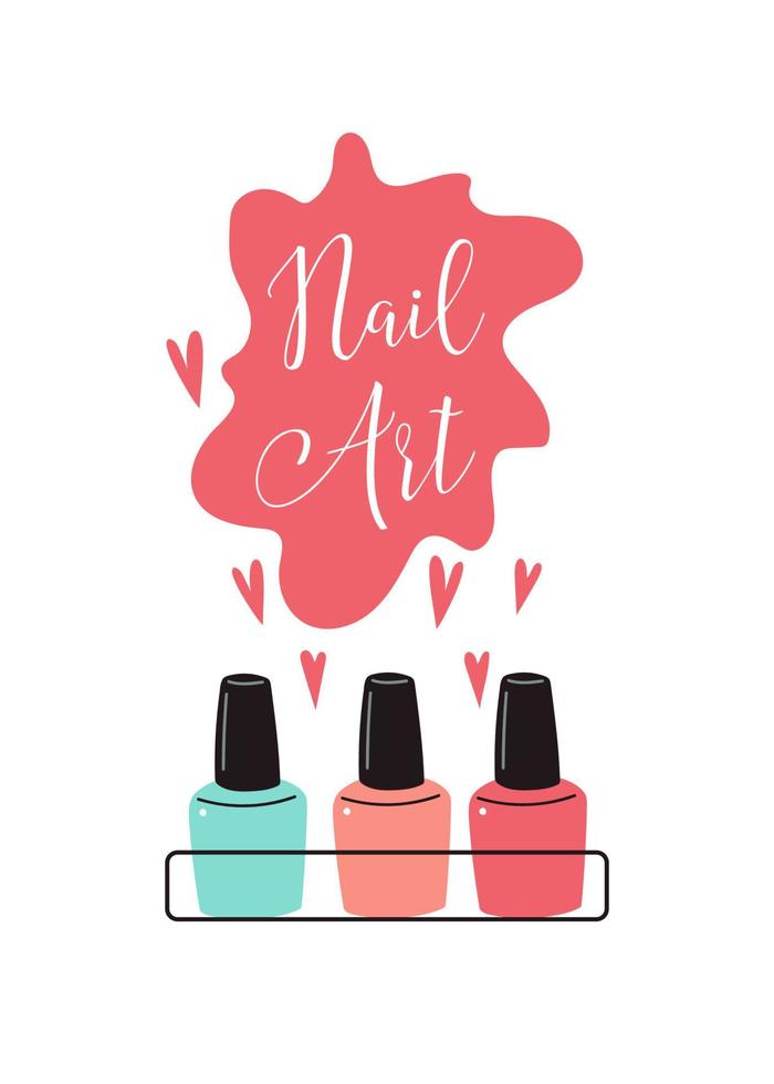 Manicure poster. Nail varnish. Beauty studio and salon for flyer, banner, prints. Vector cartoon illustration