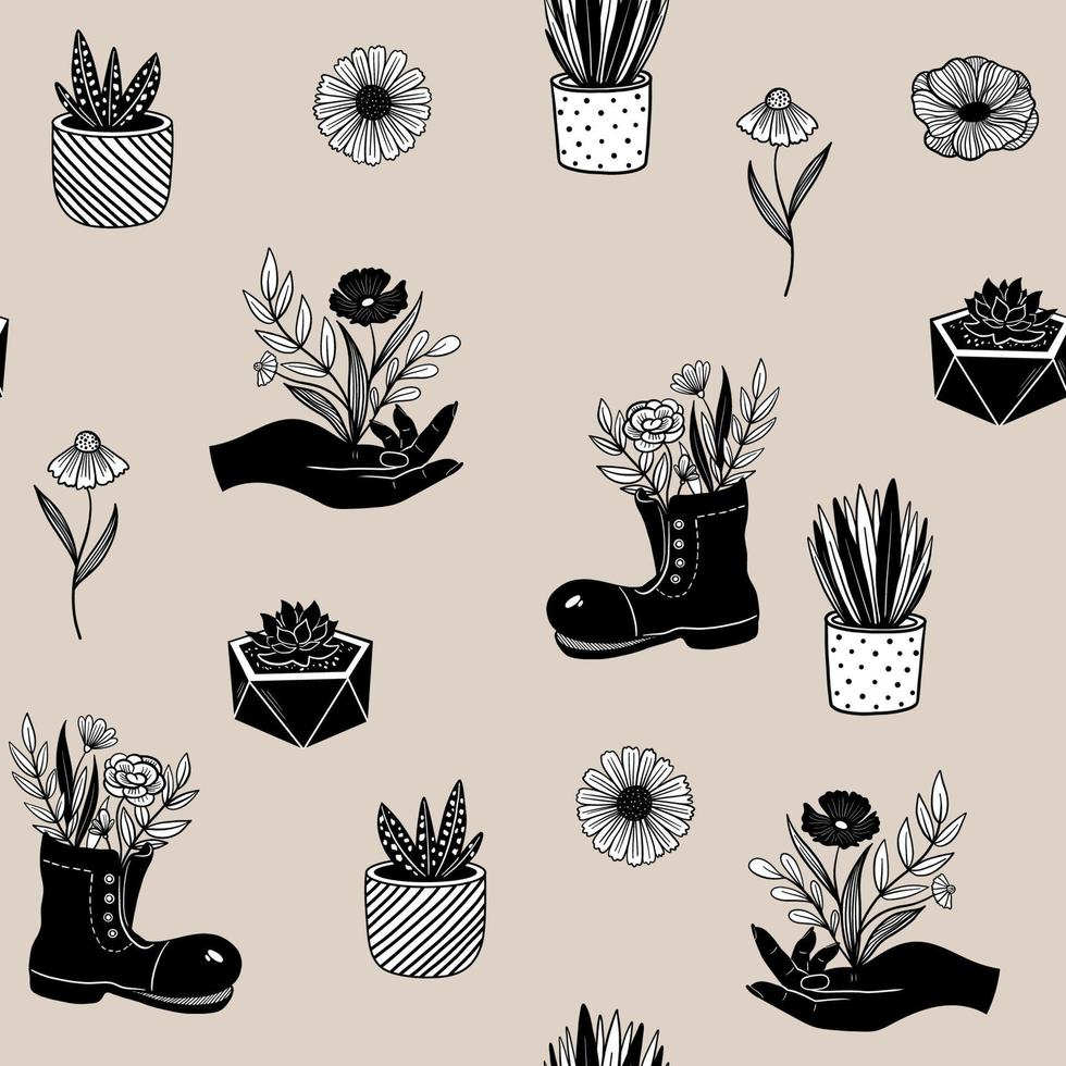 Seamless pattern hand drawn black gardening with potted plants, succulents, and flowers on pink background vector