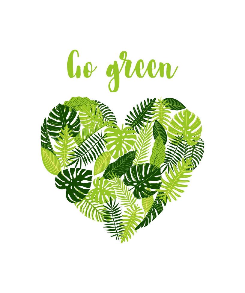 Web banner, flyer with heart-shaped tropical monstera leaves, fern, palm, banana.  Vector botanical illustration, Go green design, save the planet concept