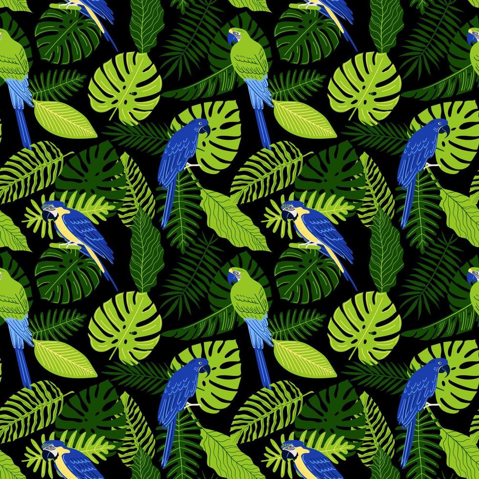 Vector seamless pattern with tropical monstera leaves, palm, fern and parrots. Blue and gold macaw and hyacinth macaw. Summer illustration