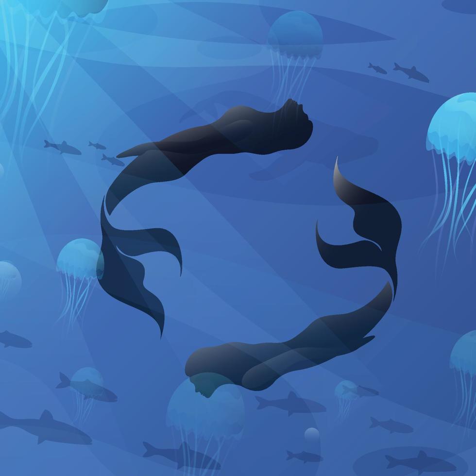 ilustración de silueta de un par de sirenas bailando en el agua. vector