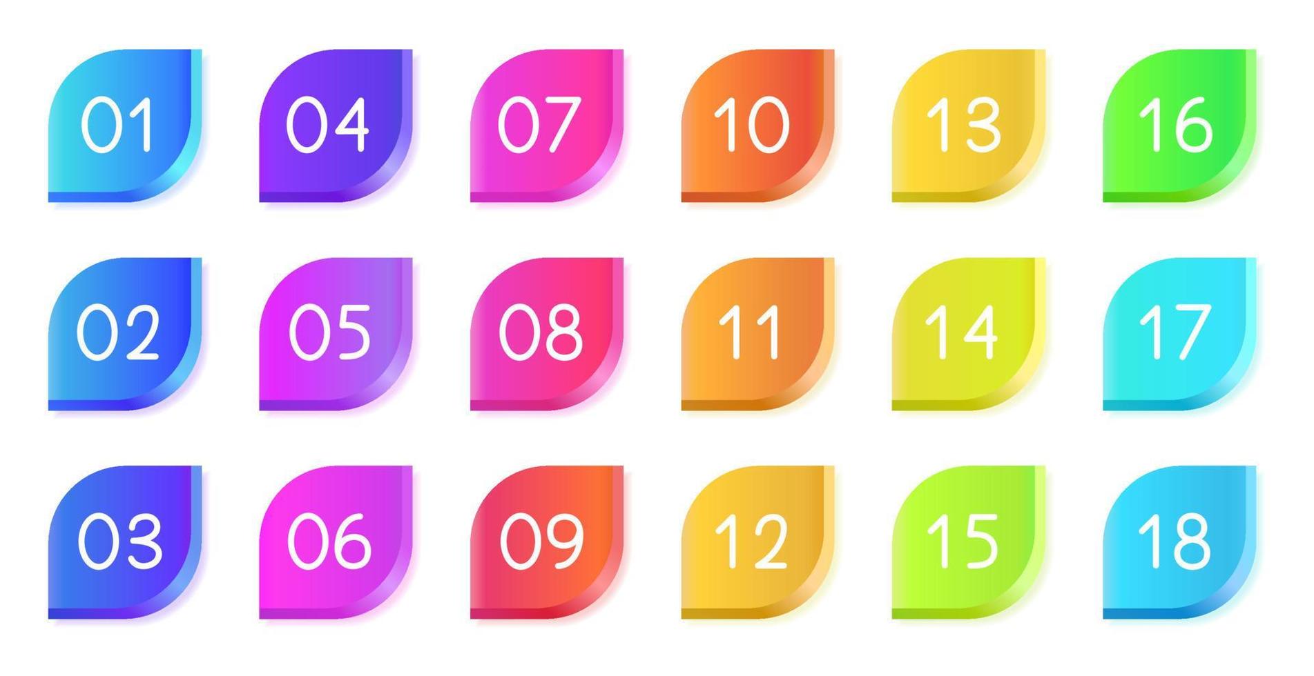 Bullet icons with numbers vector set. Gradient bullet points, isolated on a white background. 3D rendering abstract leaf shapes with numbers. Number bullet points set, vector gradient markers.