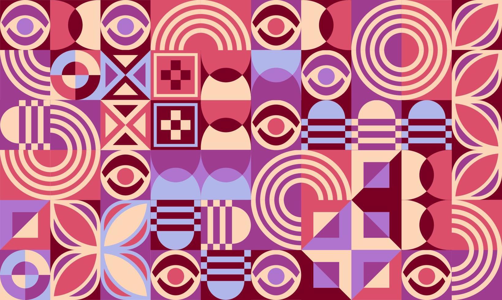 Bauhaus vector seamless pattern with eyes and geometric design elements.