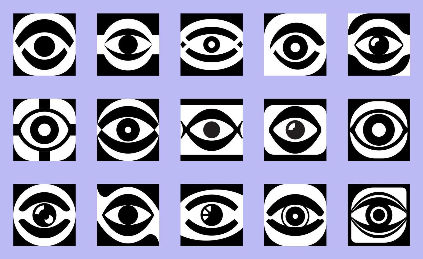 conjunto de ilustración de logotipo de vector de ojo. iconos de ojos en blanco y negro aislados en fondo azul blanco. ojos en cuadrados conjunto de iconos abstractos.