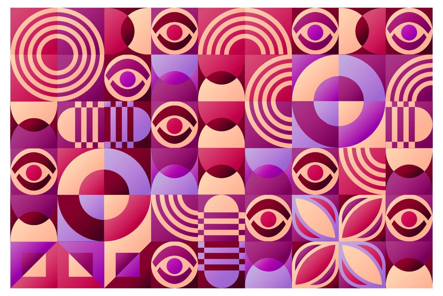 Fondo de patrón geométrico de vector abstracto bauhaus. formas geométricas, rojo, azul, amarillo, morado. sin fisuras con ojos y formas geométricas, círculos, cuadrados, triángulos.