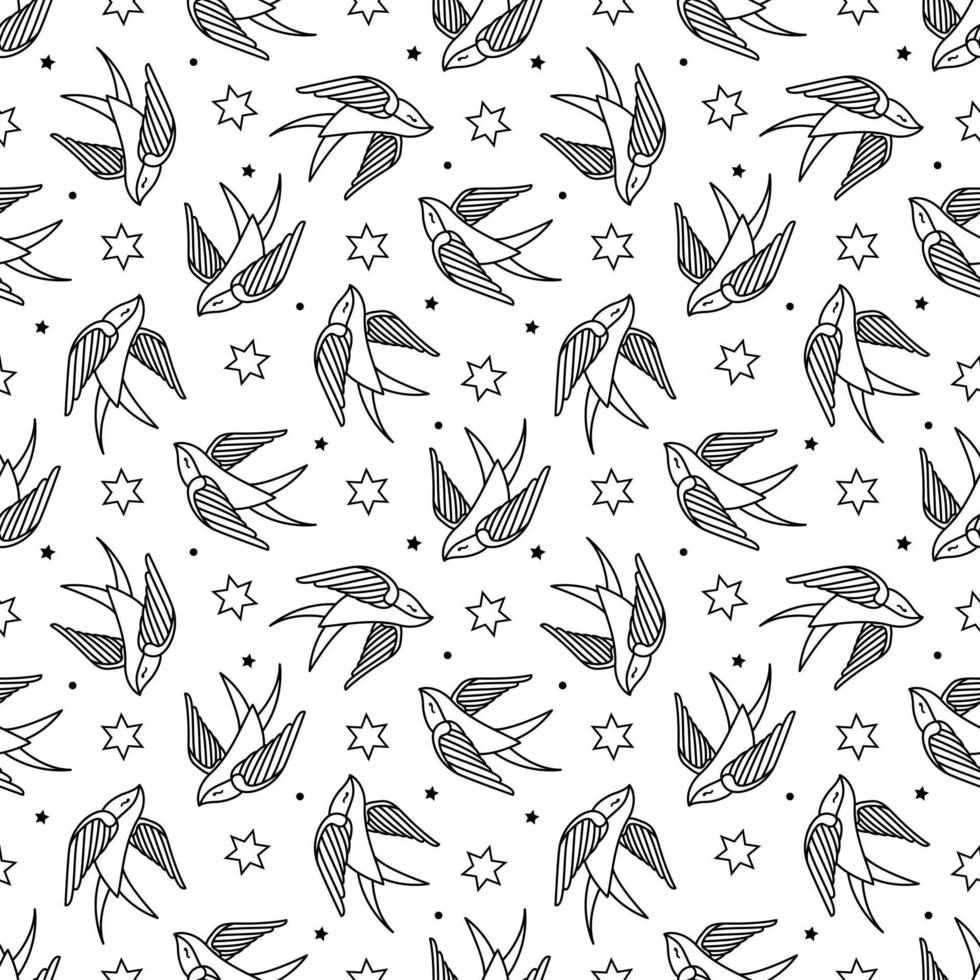 pattern with swallows in old-school tattoo style vector