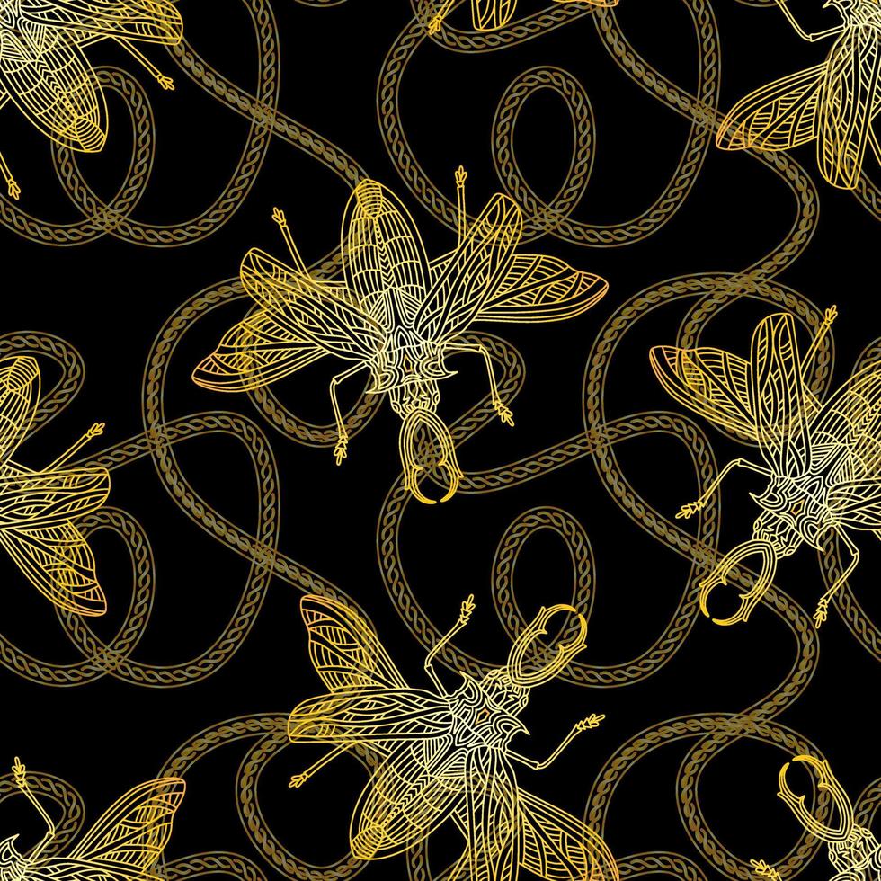 Seamless golden pattern with beetles and chains. vector