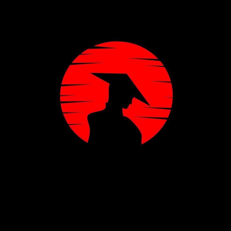 plantilla logo silueta samurai fondo luna roja de japón vector