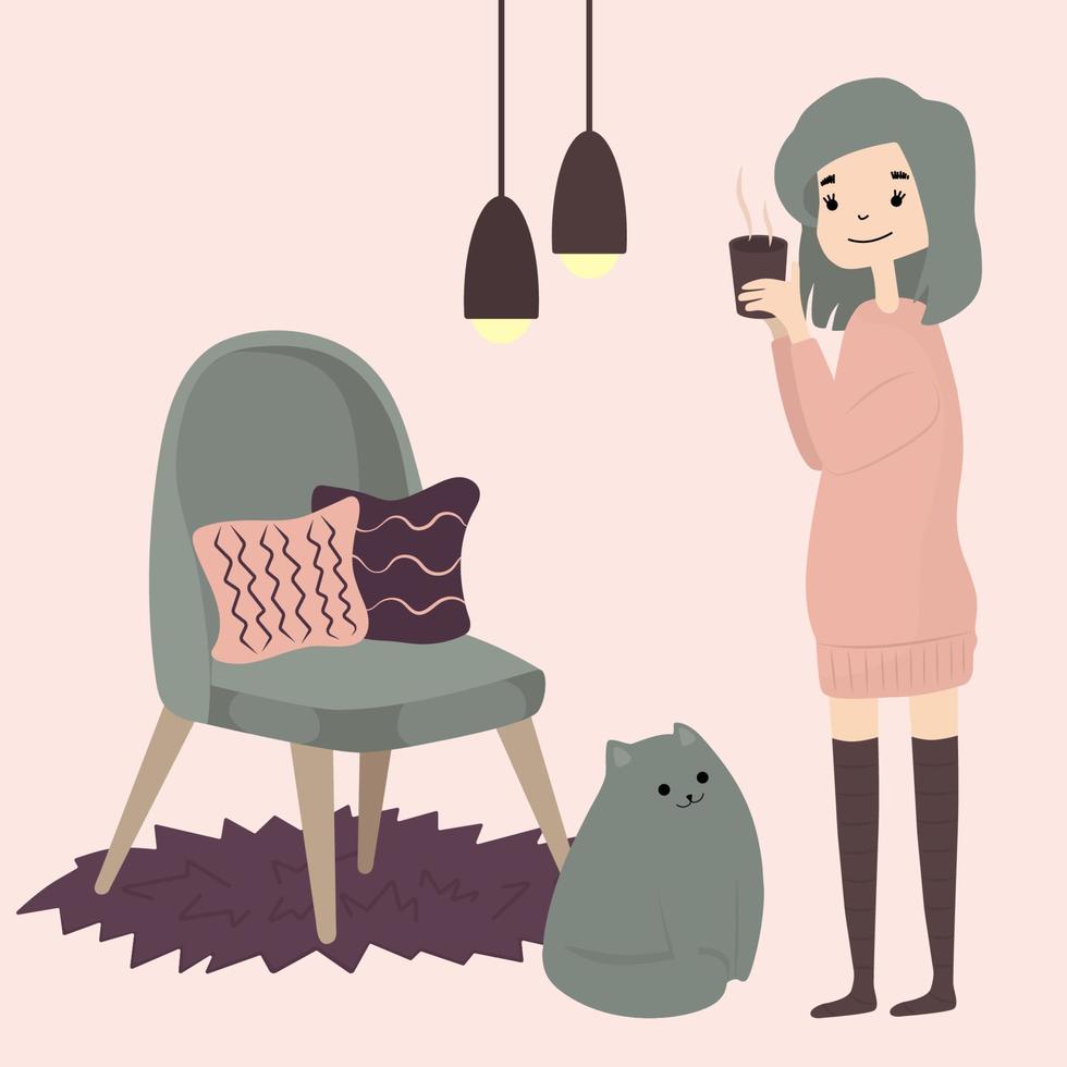 Cute girl  with cat drink hot coffee tea cacao. Cozy winter.Hygga home style. Illustration in cartoon style. vector