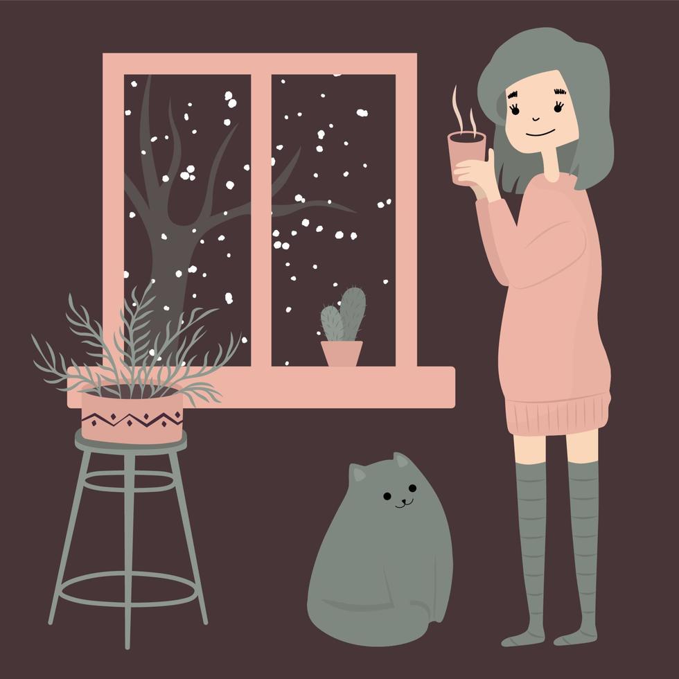 linda chica con gato junto a la ventana y bebe café caliente, té, cacao. invierno acogedor. ilustración en estilo de dibujos animados. vector
