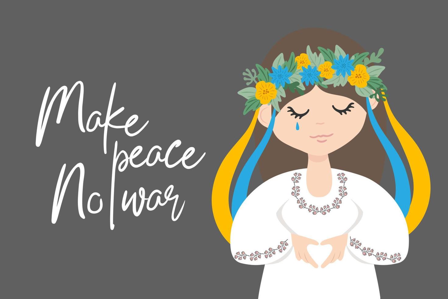 Ukraine peace no war concept vector illustration. Ukrainian girl crying and praying. Pray For Ukraine. Save Ukraine from russia.