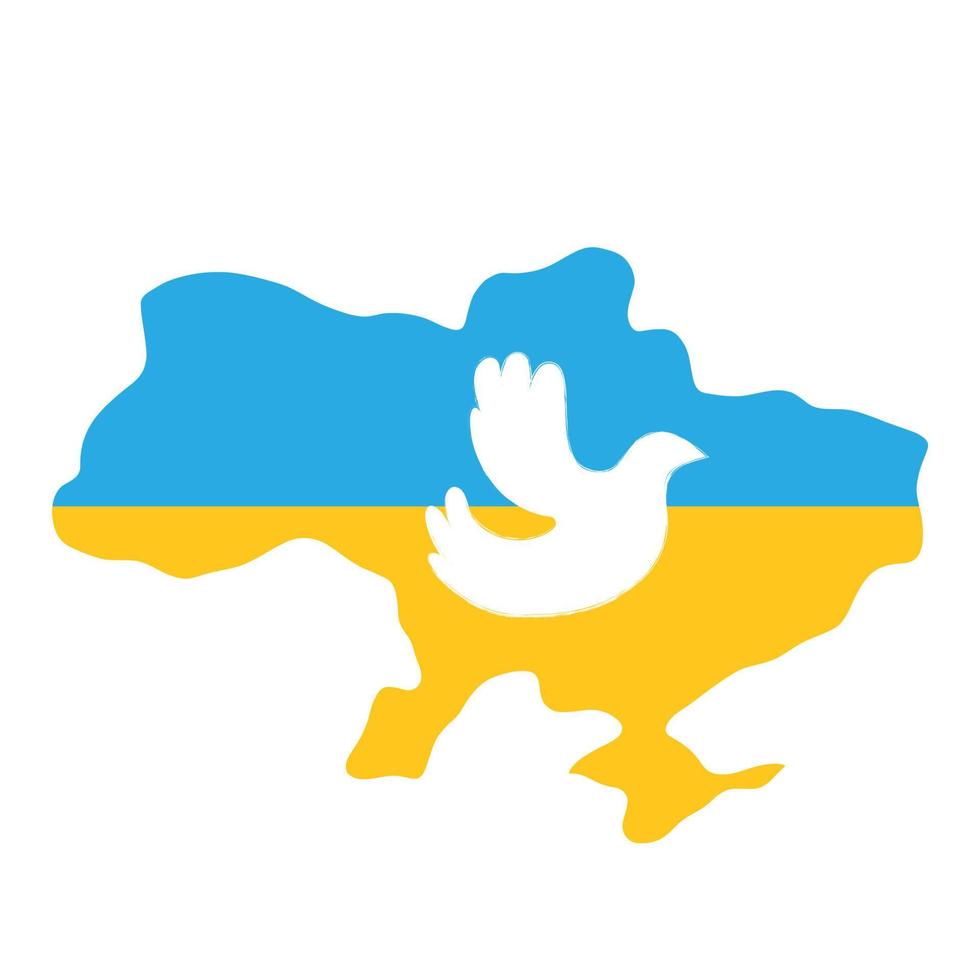 Symbol of peace white dove on map of Ukraine in colors of Ukrainian flag.  Vector flat illustration isolated on white background.