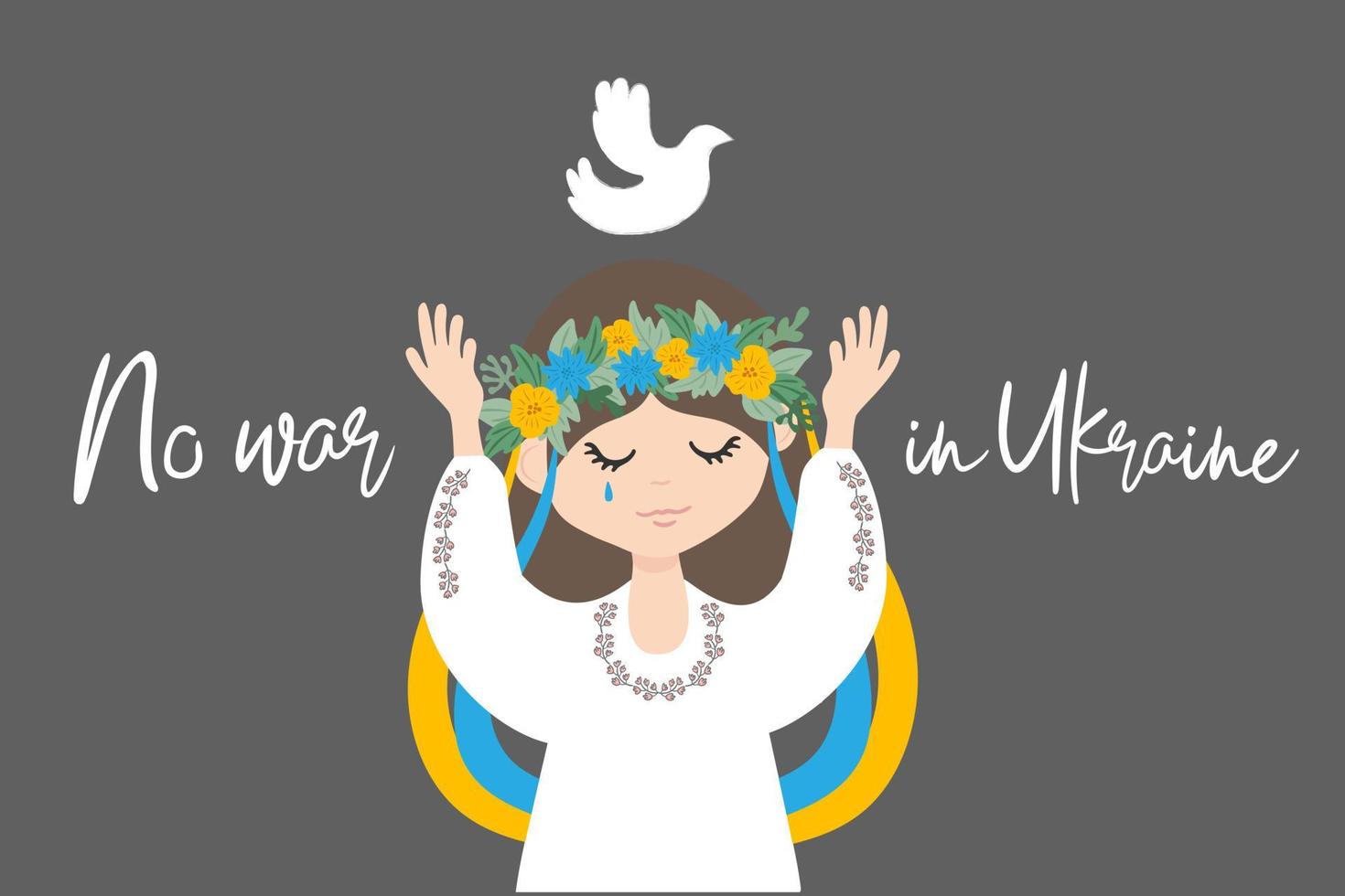 Ukraine peace no war concept vector illustration. Ukrainian girl crying and praying. Pray For Ukraine. Save Ukraine from russia.