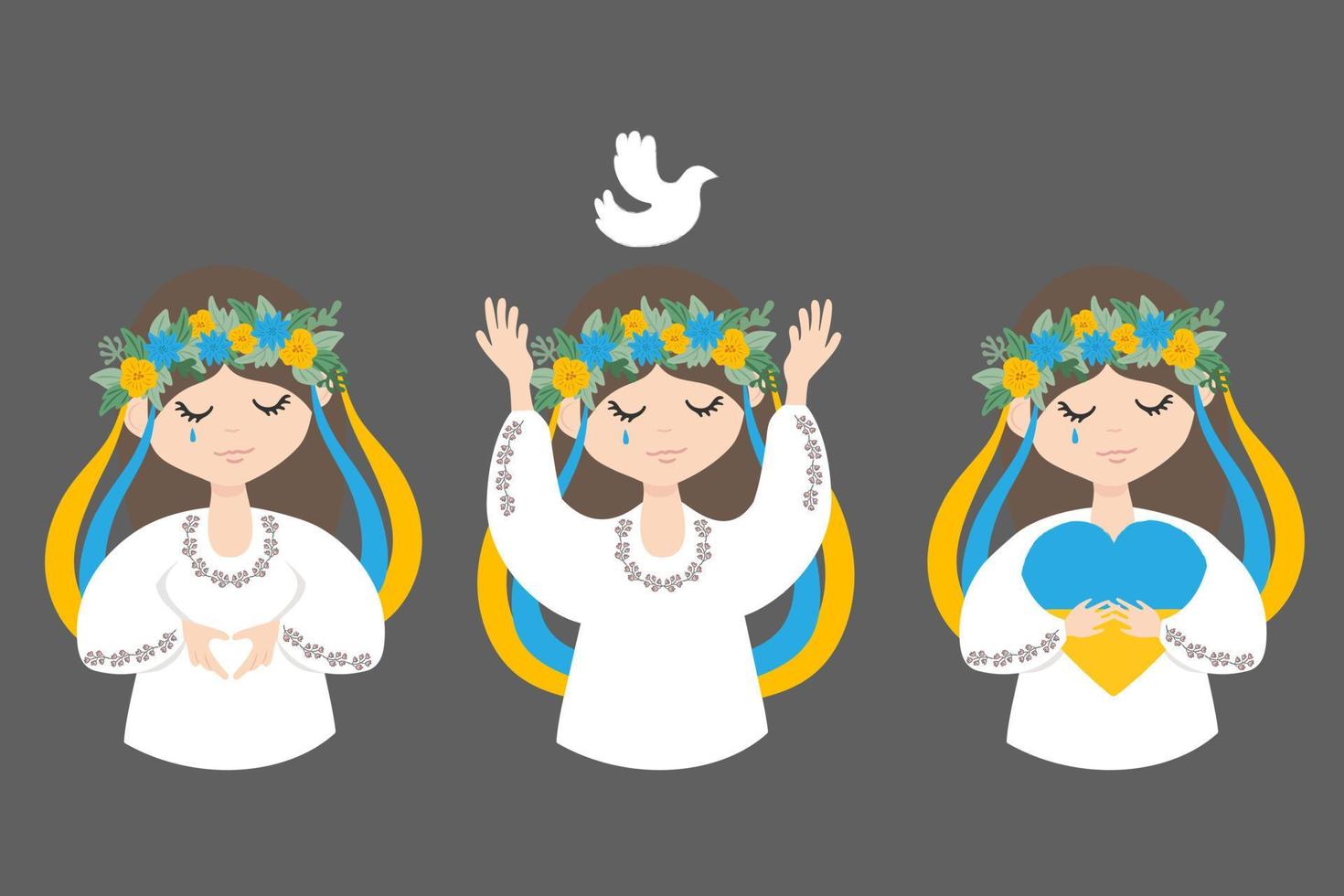 Ukraine peace no war concept vector illustration. Ukrainian girl crying and praying. Pray For Ukraine. Save Ukraine from russia.