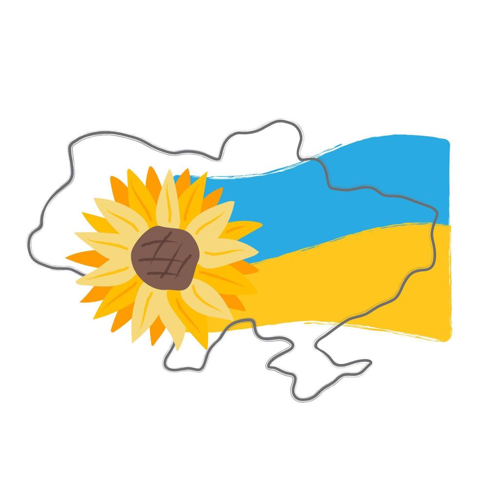 Ukrainian flag and map of Ukraine with sunflower one of Ukrainians symbols. Support Ukraine concept. Vector flat illustration isolated on white background.