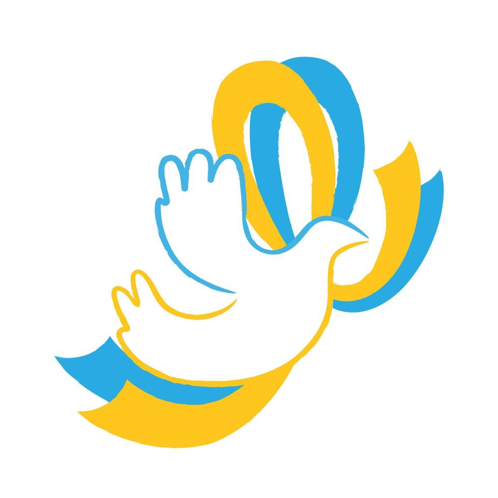 símbolo de paz paloma blanca con cinta en colores de bandera ucraniana. apoyar el concepto de Ucrania. ilustración plana vectorial aislada sobre fondo blanco. vector