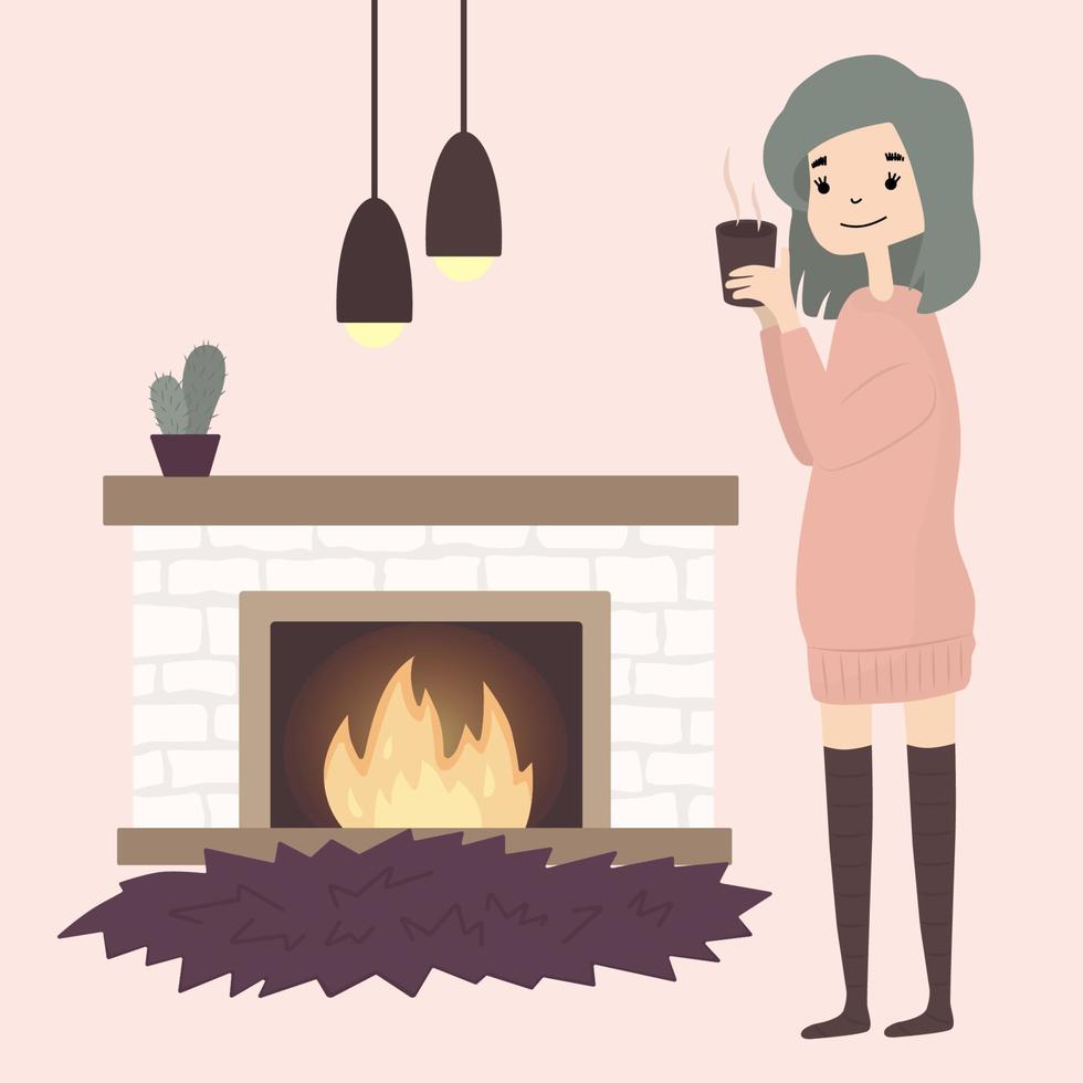 Cute girl  with cat drink hot coffee tea cacao. Cozy winter.Hygga home style. Illustration in cartoon style. vector