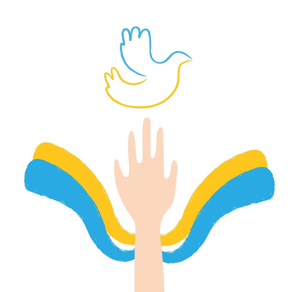 Symbol of peace white dove and hand  in the air with ribbon in colors of Ukrainian flag on map of Ukraine. Support Ukraine concept.  Vector flat illustration isolated on white background.