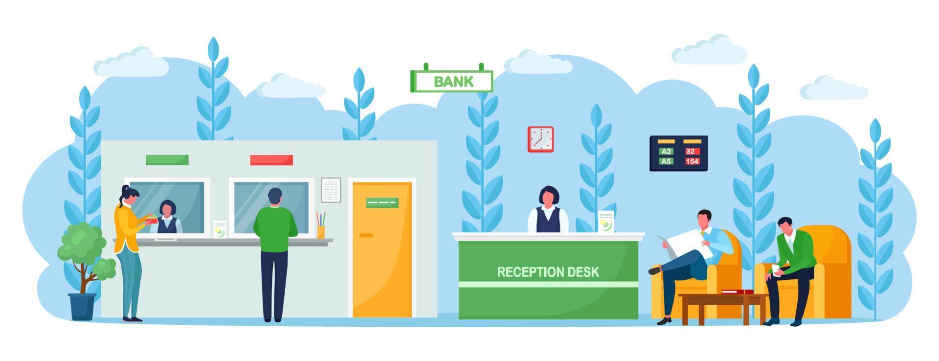 Bank office reception counter with employee, manager consultant. Cashier women working at desk  Lobby or waiting room. Client and teller behind cash department window. Financial center. Vector design